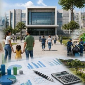 Ilustração de uma Prefeitura brasileira e diversos serviços públicos municipais, como saúde, educação, limpeza urbana e infraestrutura.
