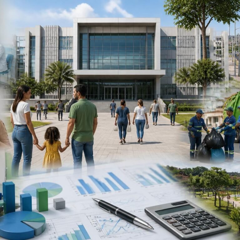 Ilustração de uma Prefeitura brasileira e diversos serviços públicos municipais, como saúde, educação, limpeza urbana e infraestrutura.