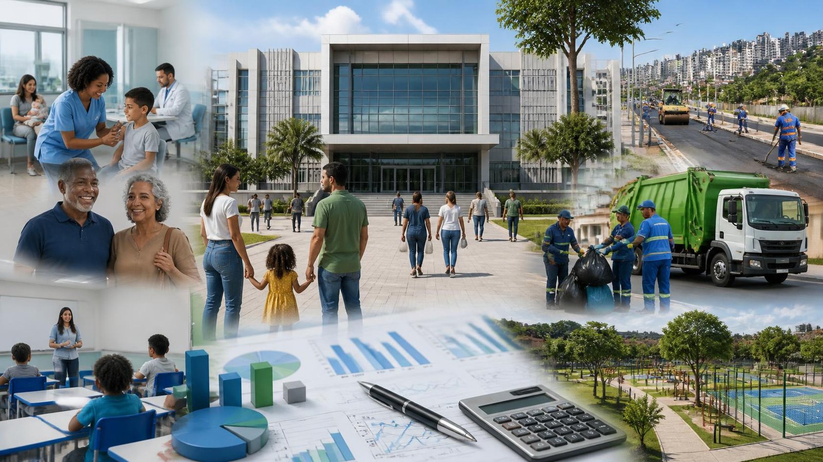 Ilustração de uma Prefeitura brasileira e diversos serviços públicos municipais, como saúde, educação, limpeza urbana e infraestrutura.
